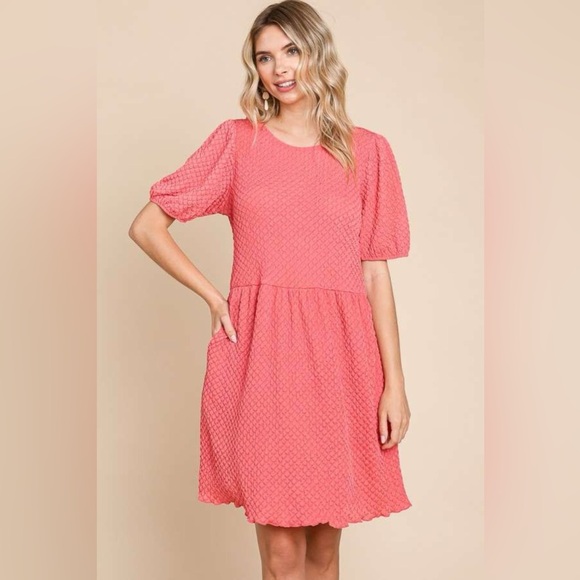 Culture Code Full Size Textured Round Neck Puff Sleeve Dress. 10010026506 - Picture 4 of 4